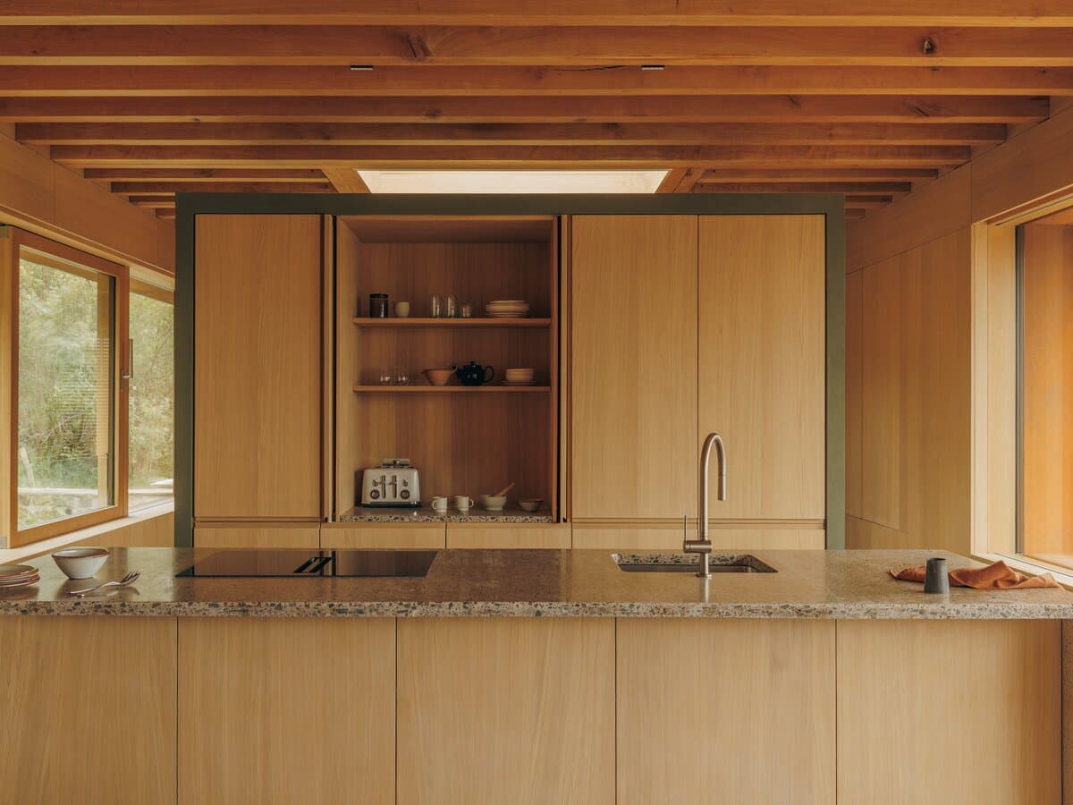 A view from the kitchen on the modern timber windows used for Skye Retreat project
