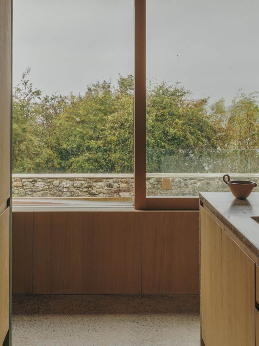 A close view from inside the kitchen on the timber windows used for Skye Retreat project
