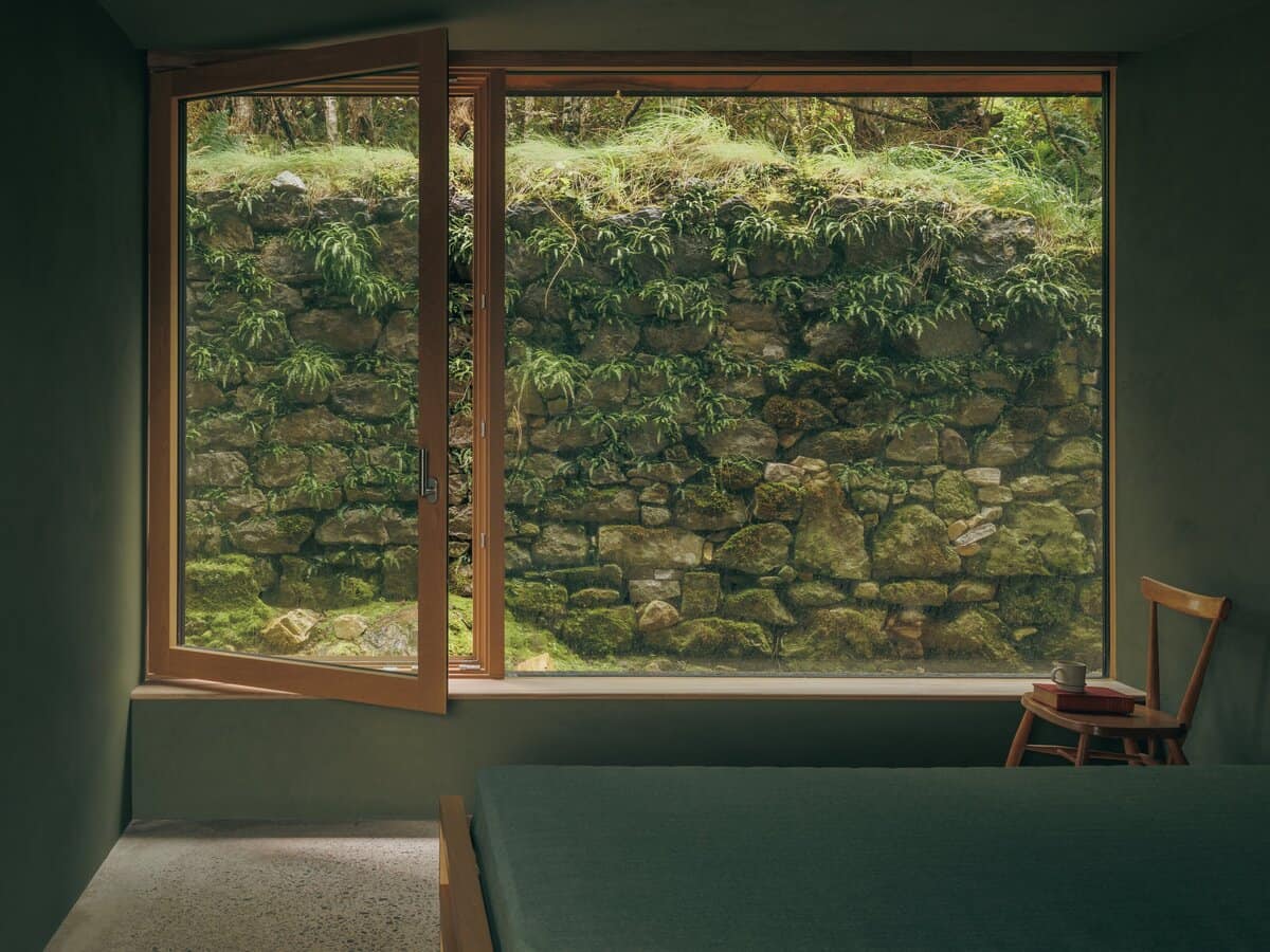 A view from the bedroom on the vantage modern oak windows used for Skye Retreat project