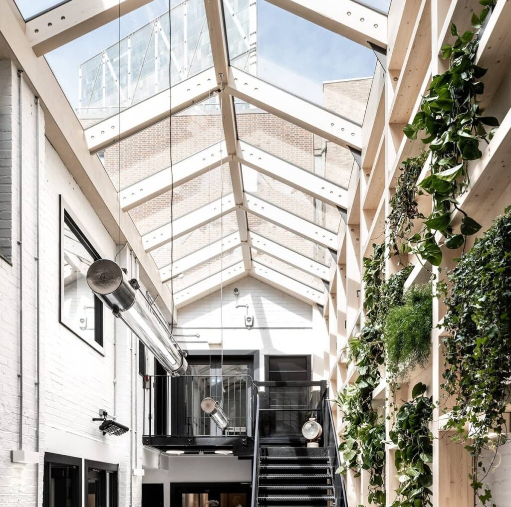 Composite roof glazing spanning the plant-filled Weavers Atrium