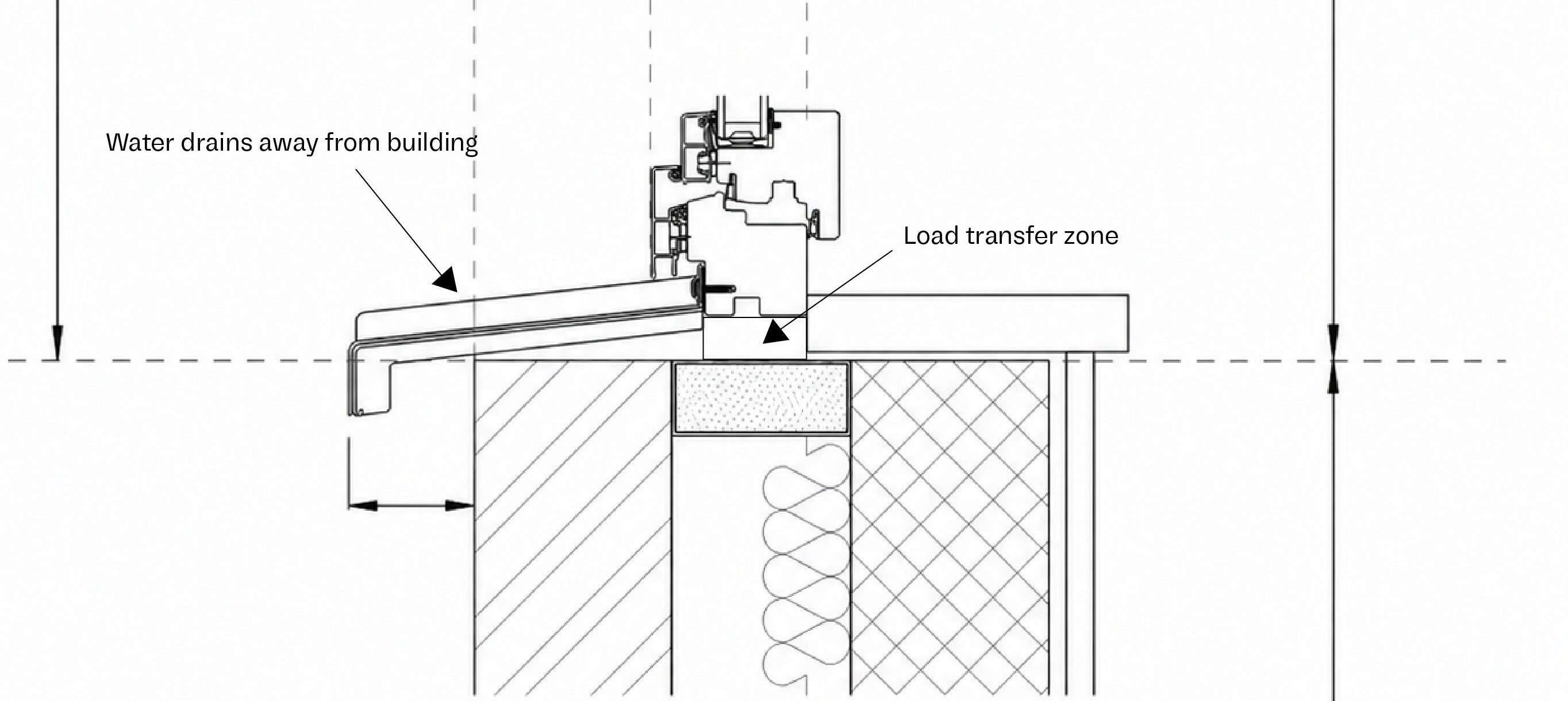Timber aluminium window sill detail with purenit support, EPDM waterproofing, end cap, drip and rain-noise damping layer