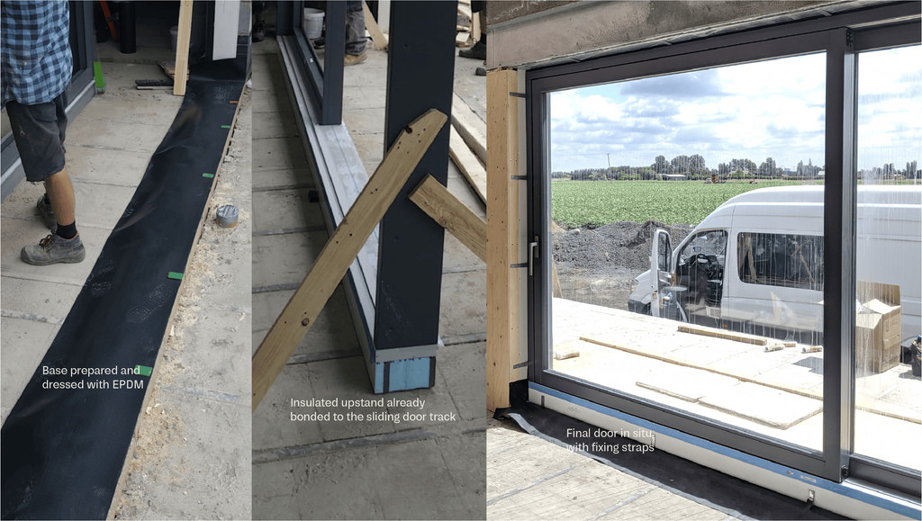 Timber sliding door installation sequence with lower purenit fixed to slab, upper purenit levelled on packers, EPDM and door track