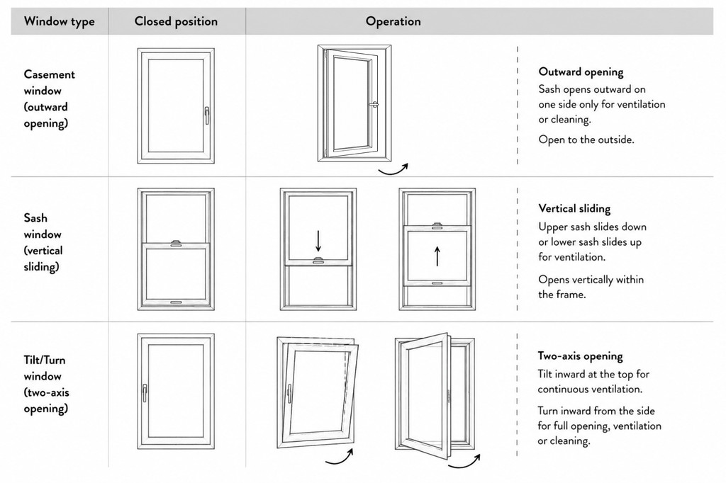 Outward-opening timber casement, sliding sash and inward-opening tilt-and-turn window mechanisms