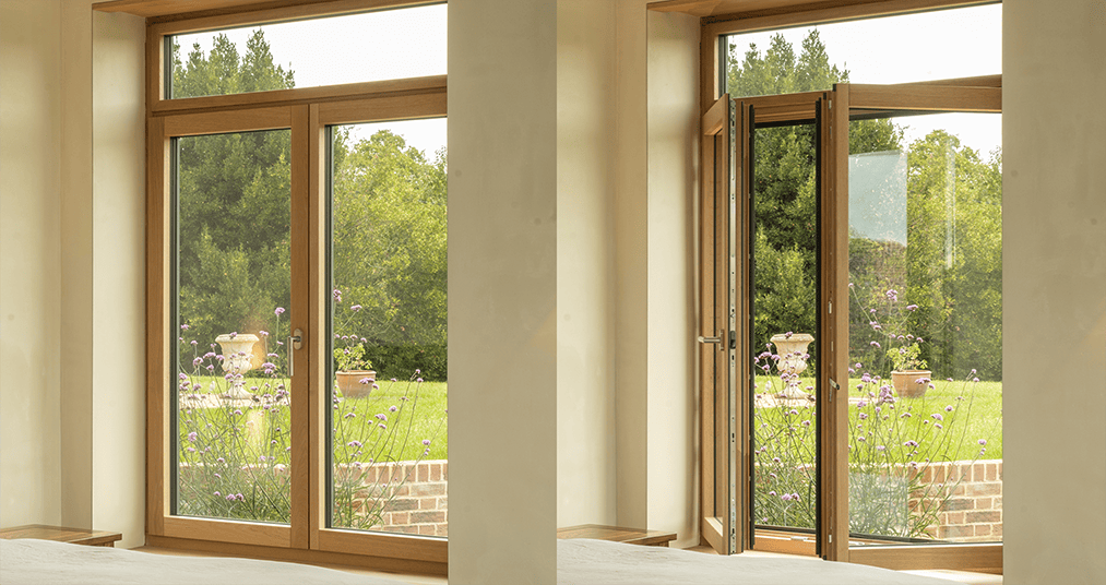 Two-panel timber tilt-and-turn window shown closed, tilted, fully turned and opened across both panels