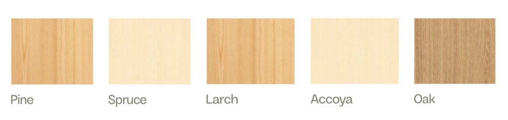 Pine, spruce, larch, Accoya and oak timber samples