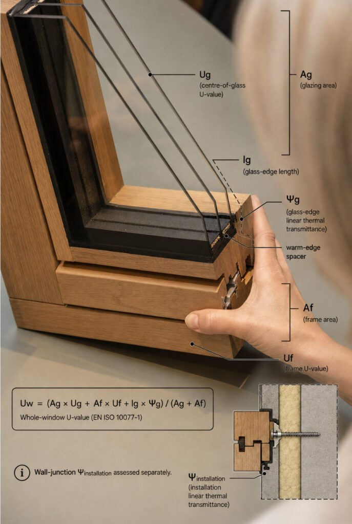 Diagram of a timber window section labelled with Ug, Uf, Uw, warm-edge spacer and installation thermal bridge.