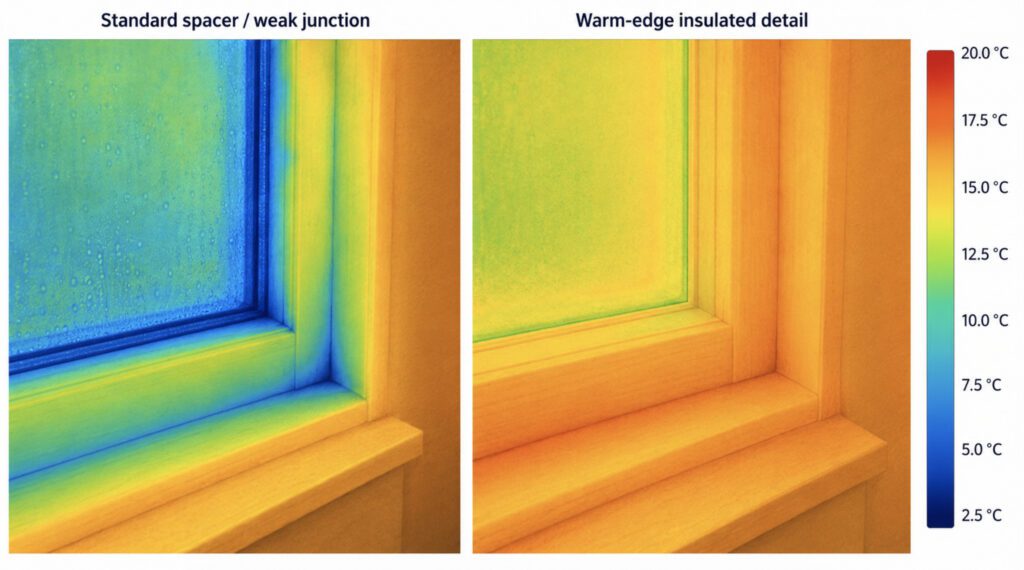 Thermal images comparing heat loss at the glass edge and frame junction of two windows.