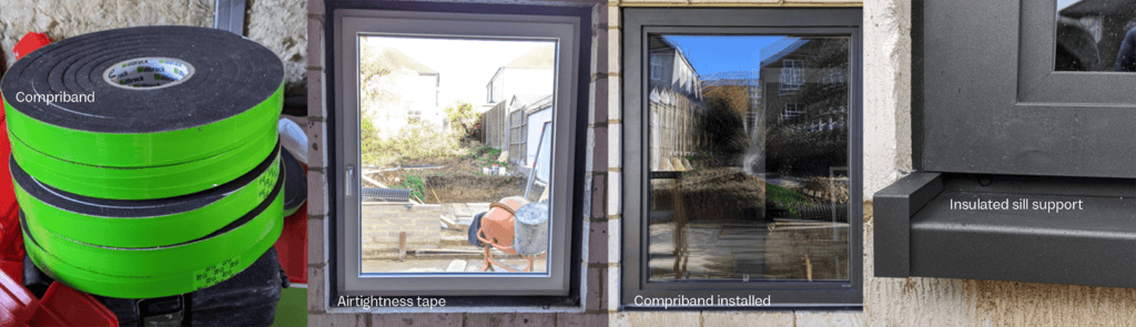 Timber window installation detail with airtight tape, perimeter insulation, external weather seal and insulated sill support.